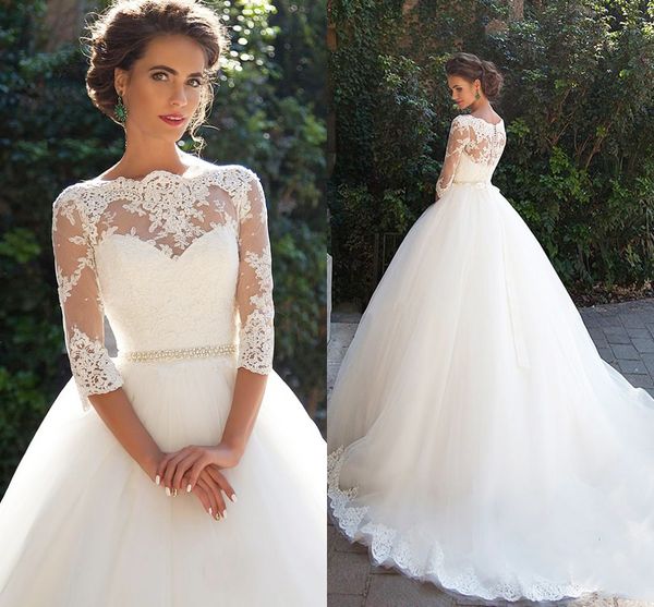 ball gown vintage lace wedding dresses 2019 bateau 3/4 long sleeves appliques pearls sash plus size bridal gowns vestido de novia, White
ball gown vintage lace wedding dresses 2019 bateau 3/4 long sleeves appliques pearls sash plus size bridal gowns vestido de novia, White