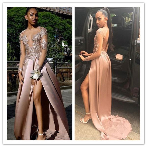 Gorgeous Long-Sleeves Side Split Pink Prom Dresses Sheer Neck Applique Lace Pageant Party Gowns Celebrity Dresses Custom Size 
Gorgeous Long-Sleeves Side Split Pink Prom Dresses Sheer Neck Applique Lace Pageant Party Gowns Celebrity Dresses Custom Size