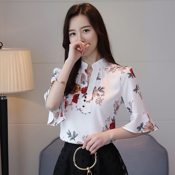 2019 summer new style korean-style chiffon blouse large size slimming printed base shirt bell sleeve stand collar women's shirt, White
2019 summer new style korean-style chiffon blouse large size slimming printed base shirt bell sleeve stand collar women's shirt, White