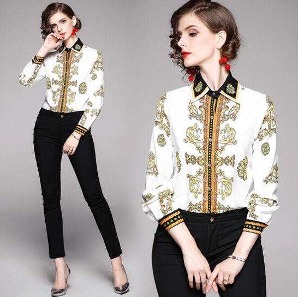 fall new fashion personality lapel slim print long sleeve shirt, White