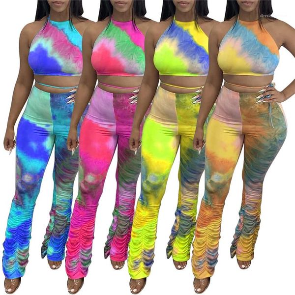 women tie dyed 2 piece set backless lace up halter stacked pants sets women summer designer suits, White
women tie dyed 2 piece set backless lace up halter stacked pants sets women summer designer suits, White