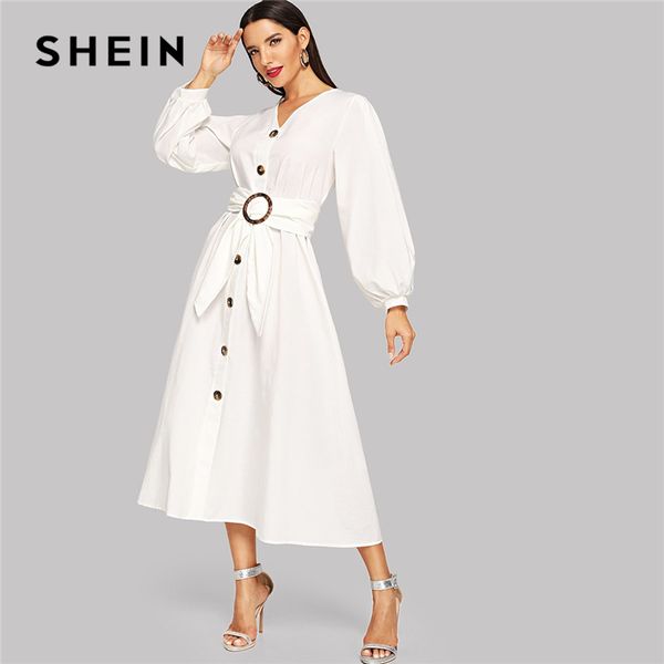 

shein white bishop sleeve button up self belted dress elegant fit and flare v neck solid dress women autumn modern lady dresses, Black;gray