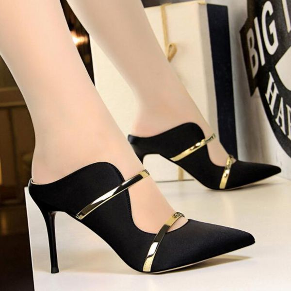 

european & american style and fashion lady's slides stiletto high heel satin shallow mouth pointed toe vogue slippers women, Black