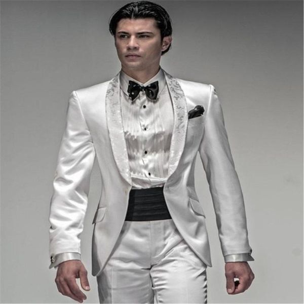 latest coat pant designs white satin pattern shawl lapel men suit italian slim fit custom prom men tuxedo 2 piece homme, White;black 
latest coat pant designs white satin pattern shawl lapel men suit italian slim fit custom prom men tuxedo 2 piece homme, White;black