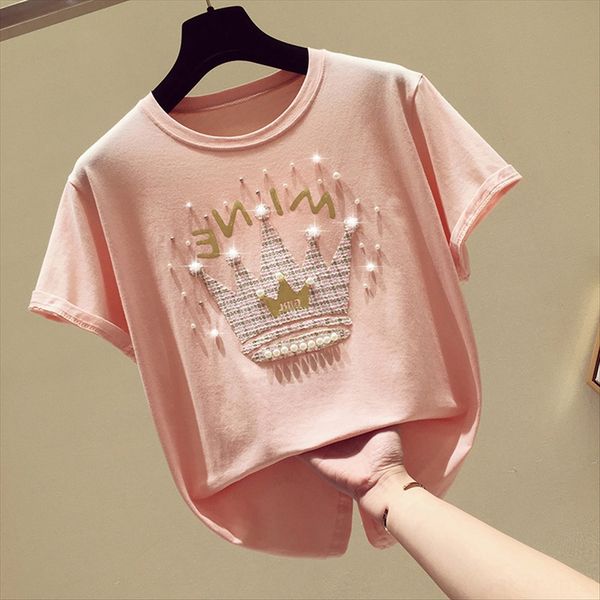 pink heavy industry t-shirt women's short sleeve 2020 t-shirt coat loose european goods beaded printing tie half sleeve top, White
pink heavy industry t-shirt women's short sleeve 2020 t-shirt coat loose european goods beaded printing tie half sleeve top, White