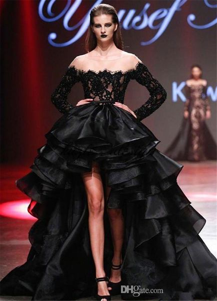charming black high low prom dresses 2020 new beaded lace organza long sleeve sheer neck ruffles tiered formal evening prom gowns, Black;red
charming black high low prom dresses 2020 new beaded lace organza long sleeve sheer neck ruffles tiered formal evening prom gowns, Black;red