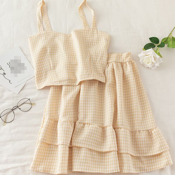 two piece dress sets women pieces elastic spaghetti plaid and skirts flounce hem outfits female 2021 summer for, White
two piece dress sets women pieces elastic spaghetti plaid and skirts flounce hem outfits female 2021 summer for, White