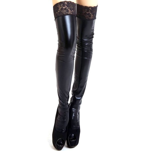 women lace stay-up stocking lady wet look faux leather thigh high stockings 3 color, Black;white
women lace stay-up stocking lady wet look faux leather thigh high stockings 3 color, Black;white