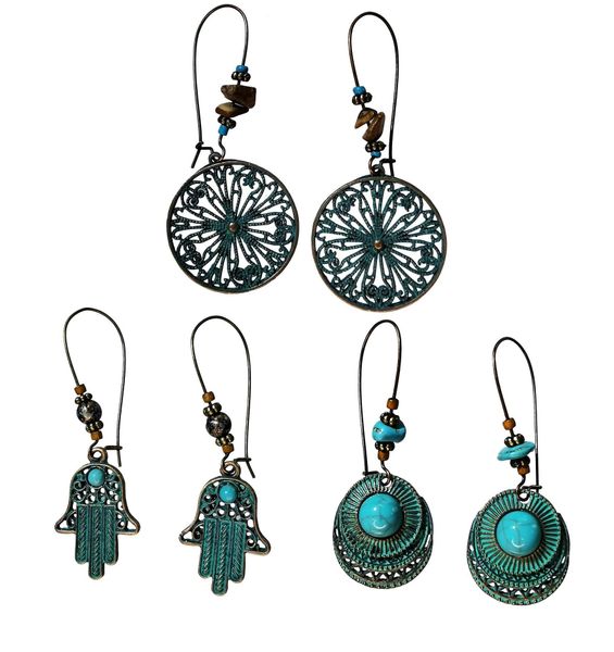 3 style vintage antique bronze turquoise hoop earrings with flower pattern lucky hand shape statement earrings for women and girls gift, Golden
3 style vintage antique bronze turquoise hoop earrings with flower pattern lucky hand shape statement earrings for women and girls gift, Golden