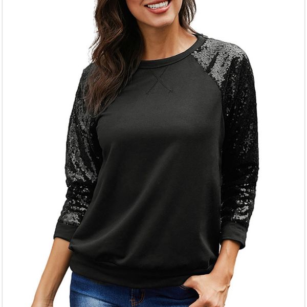 women's o-neck solid color long sleeve straight sequins casual wild loose top, White
women's o-neck solid color long sleeve straight sequins casual wild loose top, White