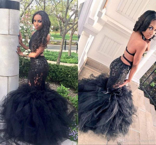 setwell long mermaid prom dress halter backless tiered puffy train floor length evening gowns special occasion dress, Black
setwell long mermaid prom dress halter backless tiered puffy train floor length evening gowns special occasion dress, Black
