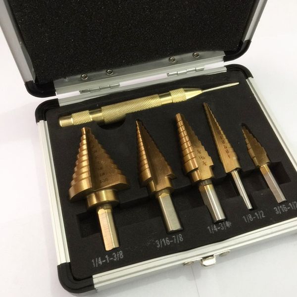 aluminum box cloth bag 6pc six-piece pagoda drill bit step drill including 1/8-1/2 3/16-1/2 1/4-3/4 3/16-7/8 1/4-1-3/8 size
aluminum box cloth bag 6pc six-piece pagoda drill bit step drill including 1/8-1/2 3/16-1/2 1/4-3/4 3/16-7/8 1/4-1-3/8 size