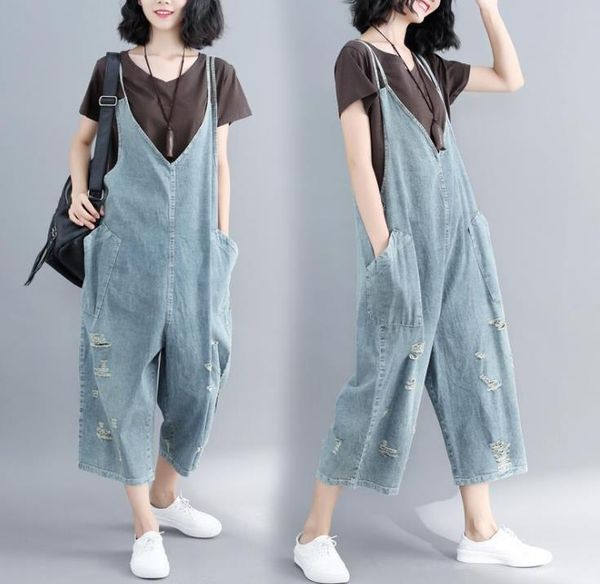 spring loose denim rompers womens vintage pockets suspender denim jumpsuit pants ripped overalls jeans, Black;white 
spring loose denim rompers womens vintage pockets suspender denim jumpsuit pants ripped overalls jeans, Black;white