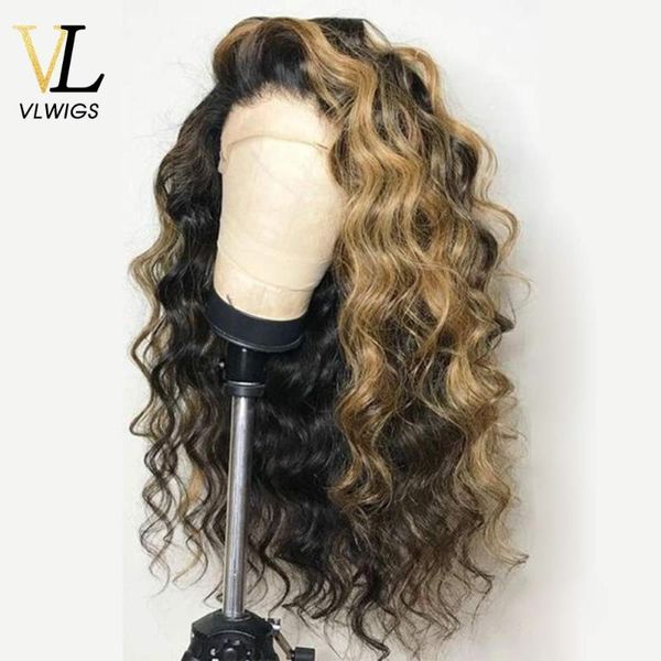 

vlwigs 13x4 colored human hair wig brown highlighted wig body wave peruvian remy preplucked ombre brown lace front vl46, Black;brown