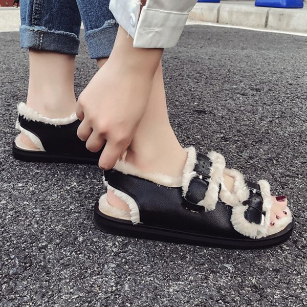 roman wool fur women's sandal cot out gladiator slippers ankle strap flats platform shoes warm daily leisure brand slides, Black
roman wool fur women's sandal cot out gladiator slippers ankle strap flats platform shoes warm daily leisure brand slides, Black