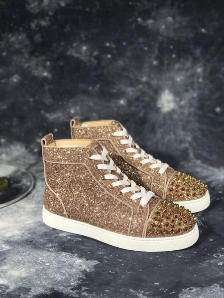 gold spikes + glitter sneakers shoes luxury designer red bottom high man brand fashion comfortable casual walking red sole dust bag, Black
gold spikes + glitter sneakers shoes luxury designer red bottom high man brand fashion comfortable casual walking red sole dust bag, Black