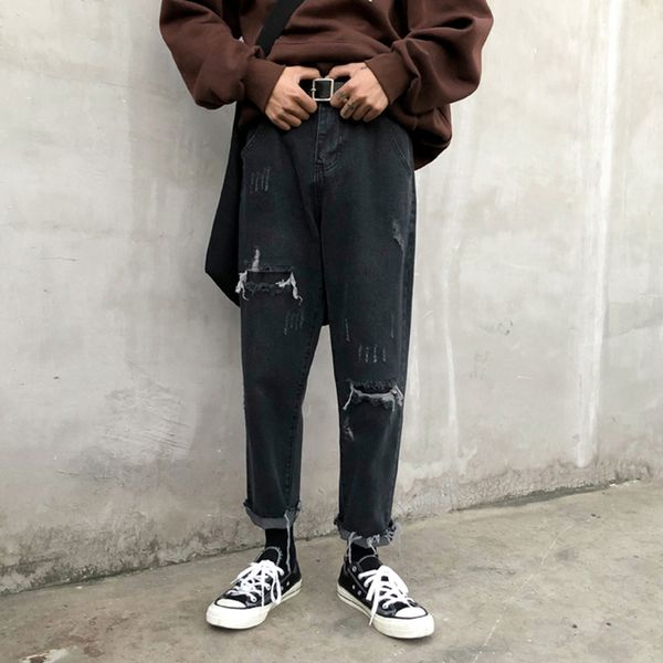 loose fit jeans men's spring autumn holes casual nine pants students ankle length mid waist straight harajuku style denim pants, Blue
loose fit jeans men's spring autumn holes casual nine pants students ankle length mid waist straight harajuku style denim pants, Blue