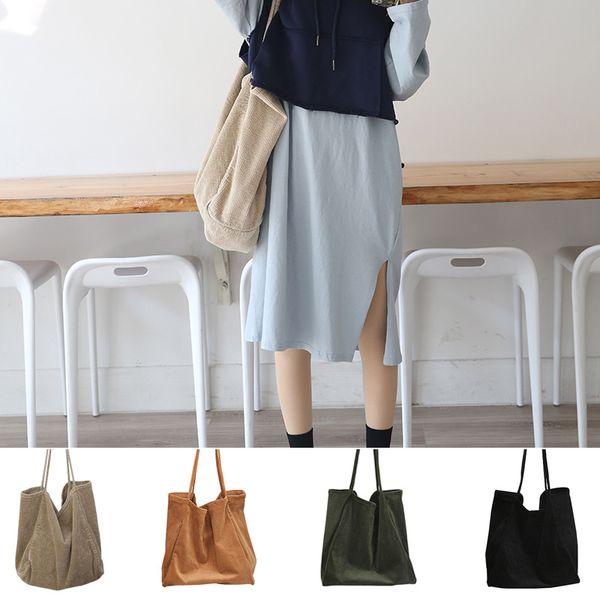 

women shoulder bag vintage corduroy tote lady pure color hand bag foldable reusable shopping travel bolsa feminina tote