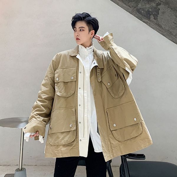 men multi-pocket side splice loose casual stand collar cargo jacket male women vintage streetwear hip hop fashion coat outerwear, Tan;black
men multi-pocket side splice loose casual stand collar cargo jacket male women vintage streetwear hip hop fashion coat outerwear, Tan;black