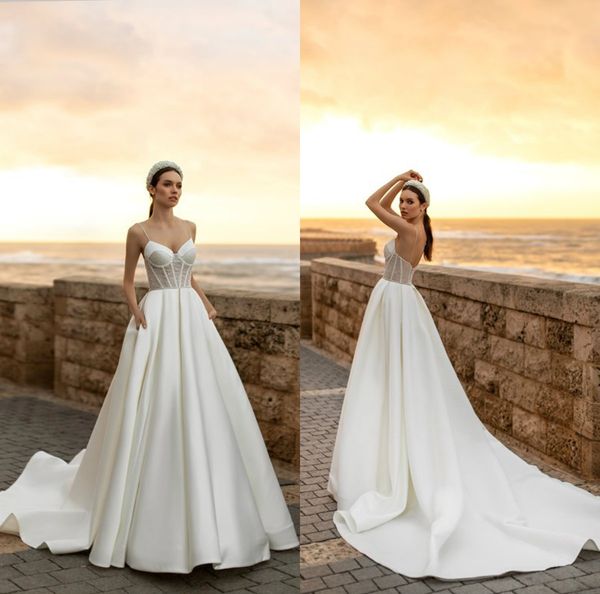 2020 a-line wedding dresses custom made spaghetti strap sequins lace sweep train wedding gown satin backless ruffle beach bridal gown, White
2020 a-line wedding dresses custom made spaghetti strap sequins lace sweep train wedding gown satin backless ruffle beach bridal gown, White