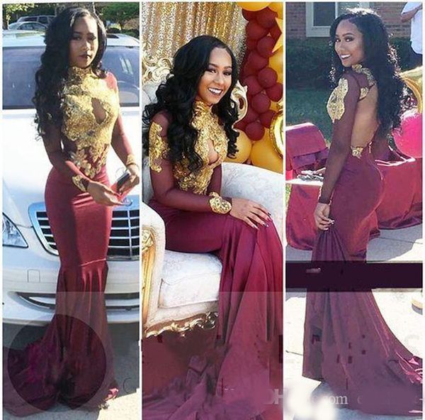 high neck illusion long sleeves satin gold applique mermaid prom dresses backless floor length formal guest party evening dresses, Black;red
high neck illusion long sleeves satin gold applique mermaid prom dresses backless floor length formal guest party evening dresses, Black;red
