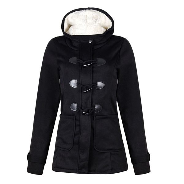 hooded winter women thick coat cotton jacket casual solid color fashion long horn button female coat, Black
hooded winter women thick coat cotton jacket casual solid color fashion long horn button female coat, Black