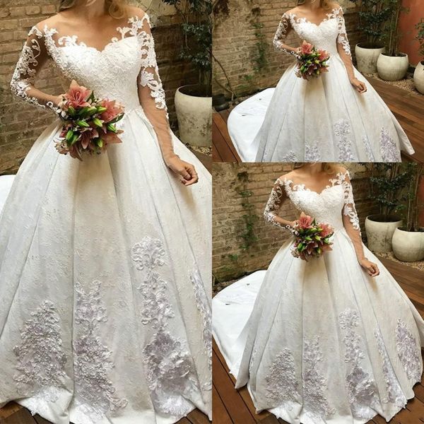 modern a line wedding dresses long sleeves jewel neck illusion full lace appliques crystal beads plus size court train formal bridal gowns, White
modern a line wedding dresses long sleeves jewel neck illusion full lace appliques crystal beads plus size court train formal bridal gowns, White