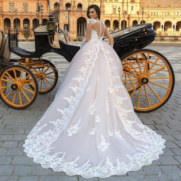 romantic princess wedding dresses with long sleeve lace appliques see through back chapel wedding dress sweep train bridal gowns, White
romantic princess wedding dresses with long sleeve lace appliques see through back chapel wedding dress sweep train bridal gowns, White