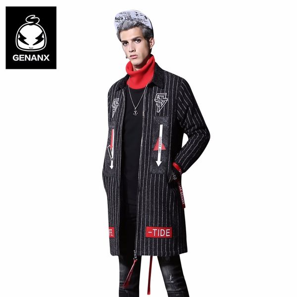 genanx brand stripe printed woolen coat man loose medium-long wool overcoat men's winter england style clothing size m-xxl, Black 
genanx brand stripe printed woolen coat man loose medium-long wool overcoat men's winter england style clothing size m-xxl, Black
