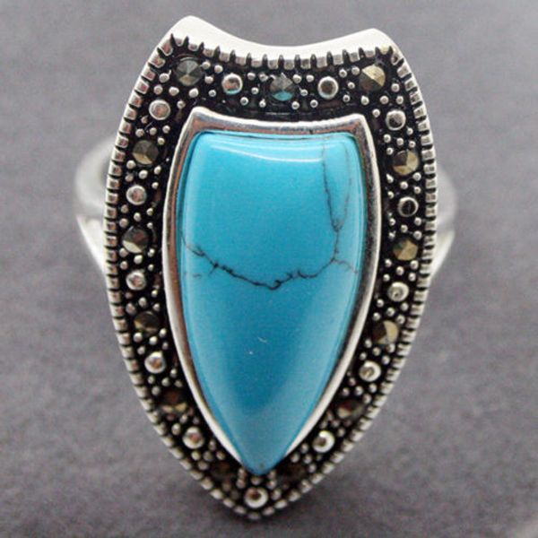 

14*26mm blue natural jade marcasite 925 sterling silver waterdrop ring size 7/8/9/10, Golden;silver