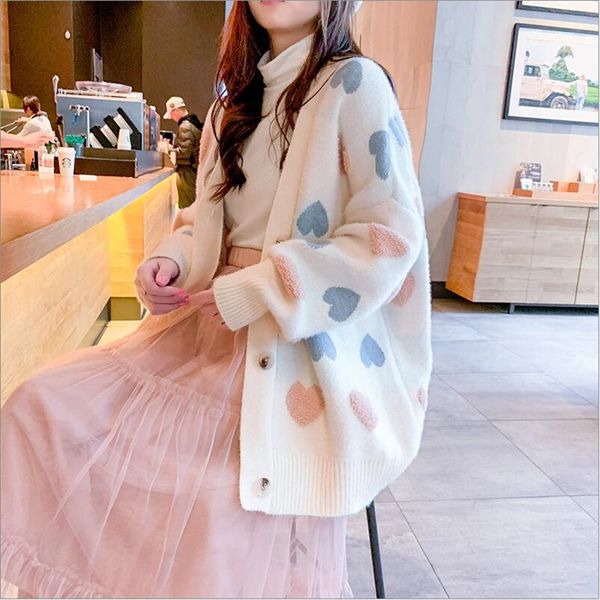 sweater coat female 2019 new spring and autumn knitted cardigan solid color long-sleeved love pattern wide sweater, White
sweater coat female 2019 new spring and autumn knitted cardigan solid color long-sleeved love pattern wide sweater, White