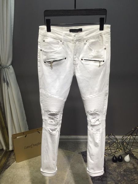 new20ss famous brand men's washed pleated design casual white slim biker jeans man moto denim hole jeans pants trousers, Blue
new20ss famous brand men's washed pleated design casual white slim biker jeans man moto denim hole jeans pants trousers, Blue