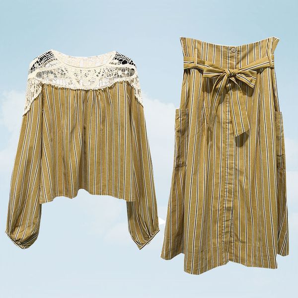 spring female two piece set 2019 korean stitching lace long sleeve striped linen + high waist skirt 2 piece set women g333, White
spring female two piece set 2019 korean stitching lace long sleeve striped linen + high waist skirt 2 piece set women g333, White