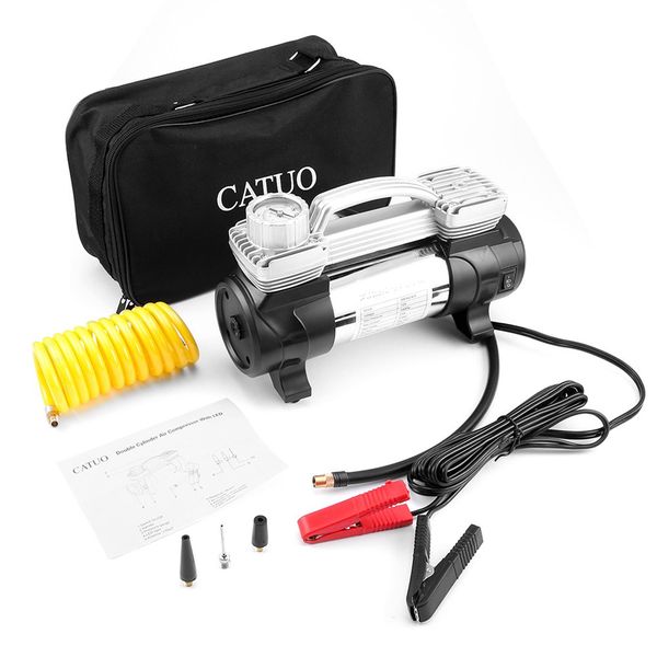portable double cylinder air compressor tire inflator high power 12v dc pump to 100 psi with led light thermal design
portable double cylinder air compressor tire inflator high power 12v dc pump to 100 psi with led light thermal design