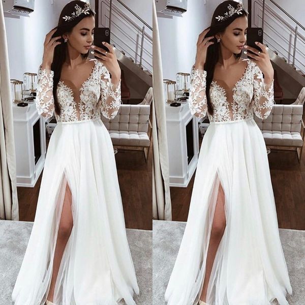 plunging v neck long sleeves wedding dresses chiffon a line lace appliques floor length beach boho bridal gown with side split, White
plunging v neck long sleeves wedding dresses chiffon a line lace appliques floor length beach boho bridal gown with side split, White