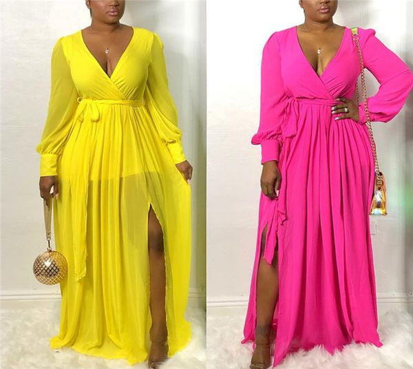 Sexy Womens Maxi Dresses Perspective Deep V-Neck Long Sleeve Split Dresses With Sashes Fashion Ladies Dresses
Sexy Womens Maxi Dresses Perspective Deep V-Neck Long Sleeve Split Dresses With Sashes Fashion Ladies Dresses