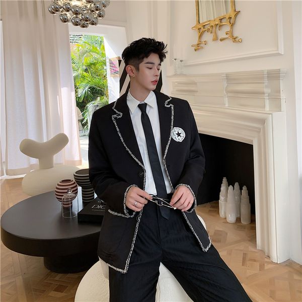 new men badge side splice preppy style casual suit blazer jacket male vintage fashion streetwear black white suit coat, White;black
new men badge side splice preppy style casual suit blazer jacket male vintage fashion streetwear black white suit coat, White;black