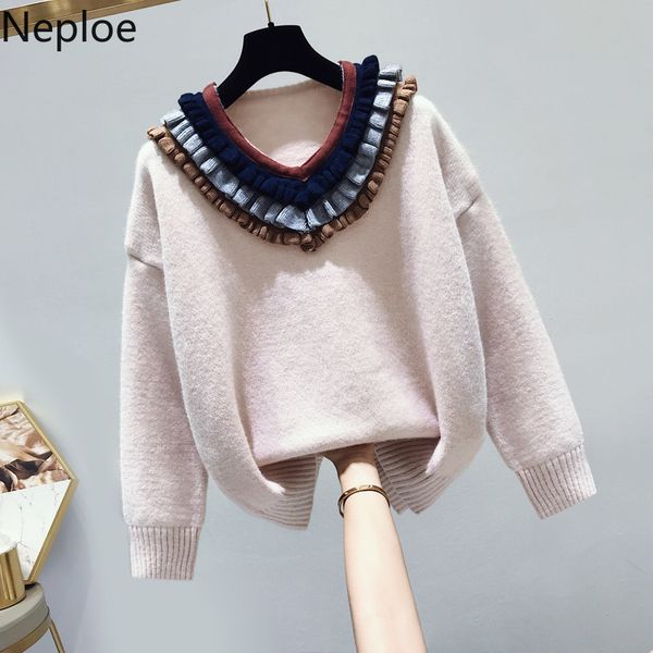 neploe new kawaii knit sweaters women v neck ruffle pullovers korean loose student cute sweater sueter mujer invierno 2019, White;black
neploe new kawaii knit sweaters women v neck ruffle pullovers korean loose student cute sweater sueter mujer invierno 2019, White;black
