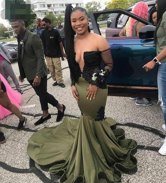 2020 new long sleeves olive green prom dresses mermaid strapess african black lace girls wear formal evening party custom gowns plus size
2020 new long sleeves olive green prom dresses mermaid strapess african black lace girls wear formal evening party custom gowns plus size