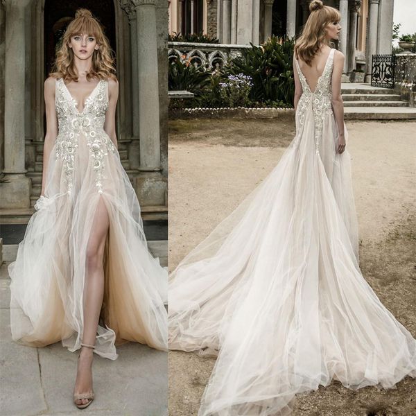 2019 beach wedding dresses v neck lace appliqued sweep train front split bridal gowns bohemian backless a-line wedding dresses, White
2019 beach wedding dresses v neck lace appliqued sweep train front split bridal gowns bohemian backless a-line wedding dresses, White