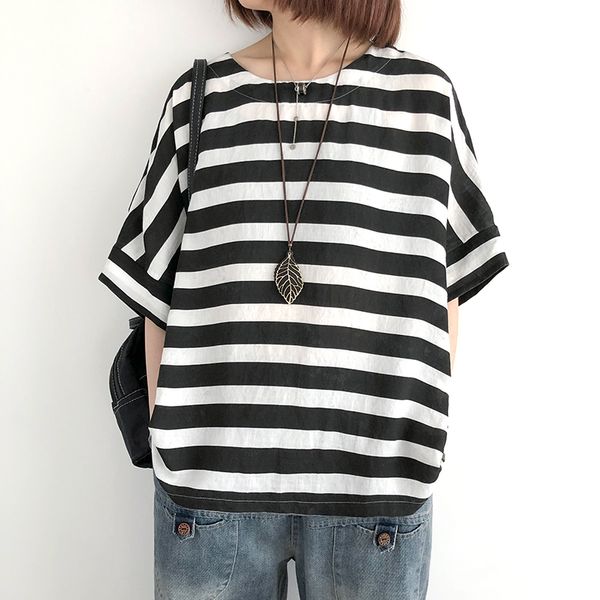 t-shirt women striped short sleeve summer new style female clothes loose cotton linen simple large size o neck women, White
t-shirt women striped short sleeve summer new style female clothes loose cotton linen simple large size o neck women, White