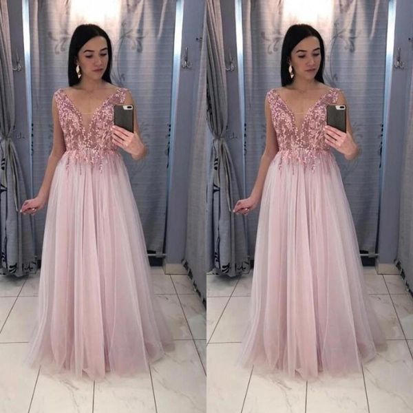 a line v neck long pink prom party dress tulle sleeveless formal evening party gowns with applique sequ, Black
a line v neck long pink prom party dress tulle sleeveless formal evening party gowns with applique sequ, Black