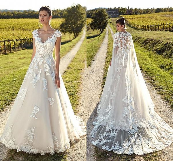 light champagne elegant capped sleeves wedding dresses sheer neck backless tulle lace bride gowns with wrap beach garden wedding gowns, White
light champagne elegant capped sleeves wedding dresses sheer neck backless tulle lace bride gowns with wrap beach garden wedding gowns, White