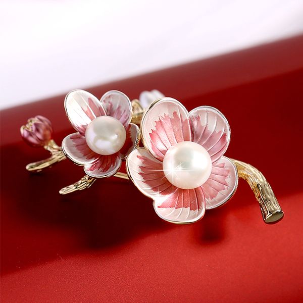 

sweet pink peach blossom enamel pins graceful beautiful flower pearl brooch pin female costume scarf bag brooches for women gift, Gray