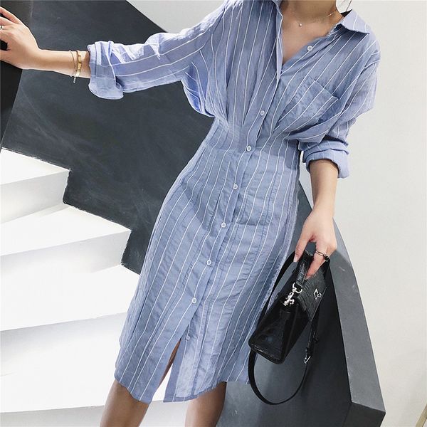 autumn women dress korean style slim waist striped shirt dress long sleeve knee length ladies elegant midi vestidos jurken, Black;gray
autumn women dress korean style slim waist striped shirt dress long sleeve knee length ladies elegant midi vestidos jurken, Black;gray