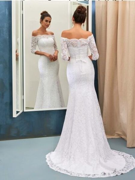 vintage lace mermaid wedding dresses 2019 off the shoulder long sleeves bridal gowns sweep train lace up plus size wedding guest gowns, White
vintage lace mermaid wedding dresses 2019 off the shoulder long sleeves bridal gowns sweep train lace up plus size wedding guest gowns, White