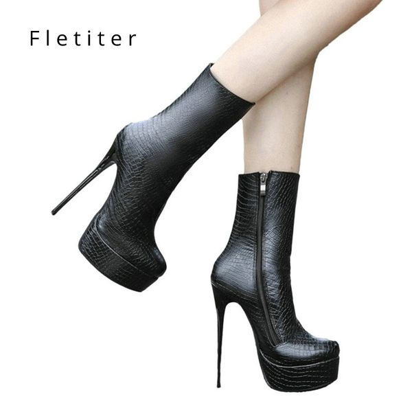 

stock ankle boots women platform super high heel winter boots women casual shoes fetish crocodile patent party boot fletite, Black