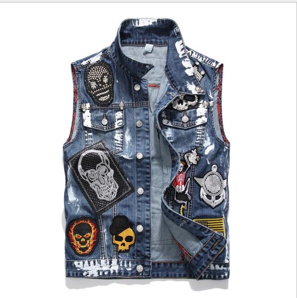 punk style mens beading patchwork slim fit sleeveless jackets casual skull embroidery jeans waistcoats casual print vest j3010, Black;white
punk style mens beading patchwork slim fit sleeveless jackets casual skull embroidery jeans waistcoats casual print vest j3010, Black;white