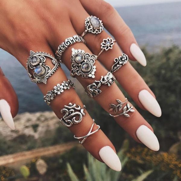 

5 комплект европейские и американские модные кольца комплект винтаж серебряный лотос слон миди палец костяшки кольца для женщин ювелирный по, Silver