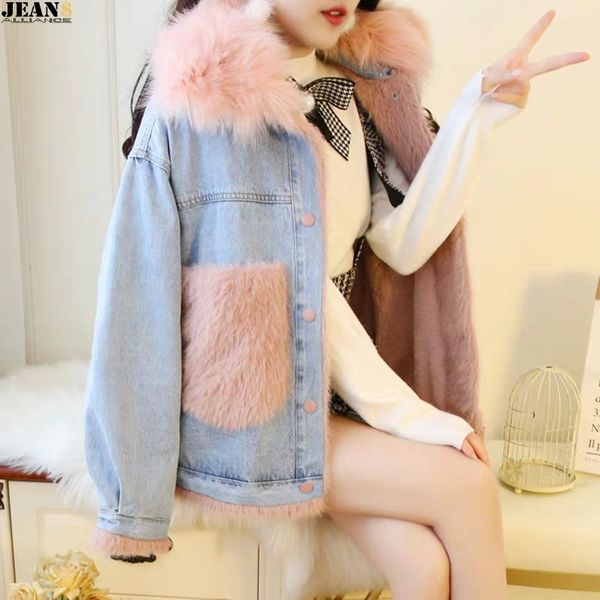 new winter denim jacket fleece thermal short jacket women's large fur pocket large fur collar, Black;brown
new winter denim jacket fleece thermal short jacket women's large fur pocket large fur collar, Black;brown